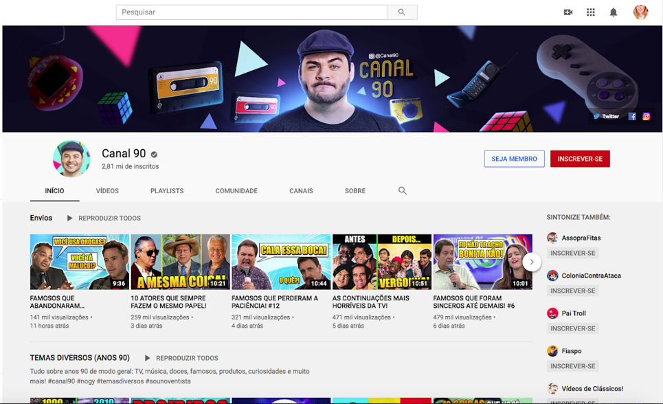 Layout canal Canal 90 no YouTube